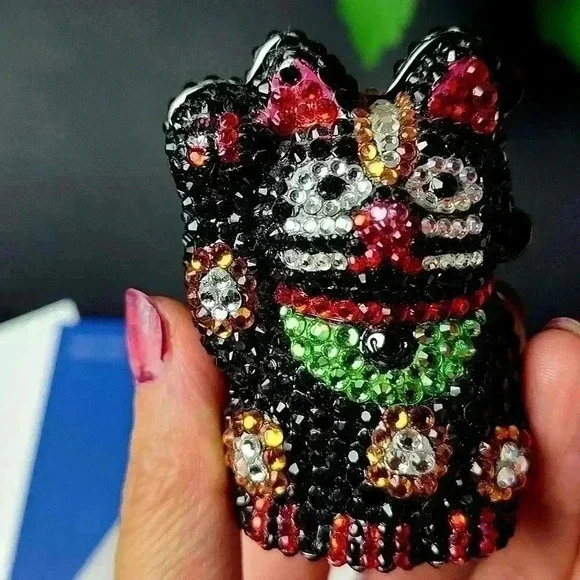 Rhinestones black lucky cat trinket box jewelry box small size good luck kitten - Picture 8 of 15